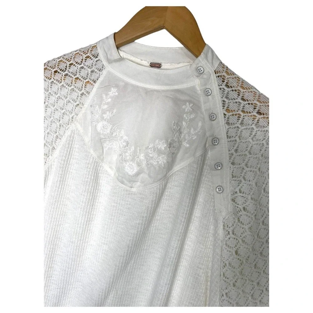 Free People Top Womens S Sweetest Thing Waffle Embroidered Boho Peasant Ivory - Picture 6 of 16